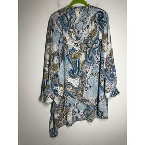 Chico’s Bohemian Paisley Layered High Low Tunic Roll Tab Sleeve White Blue Sz L